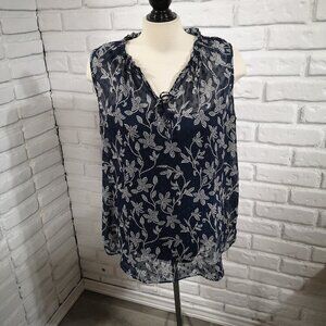 Sung Alfred Sung Ladies Size XL Navy & White Floral Pattern Sleeveless Blouse